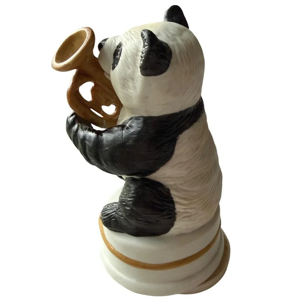 Vintage Panda Trumpet Wind-Up Musical Figurine Spins‎ Plays Melody 1980s Japan